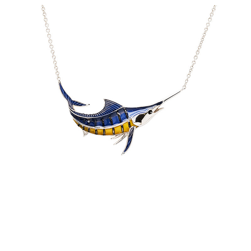 Sterling Silver Blue/Yellow Enamel Marlin Fish Necklace
