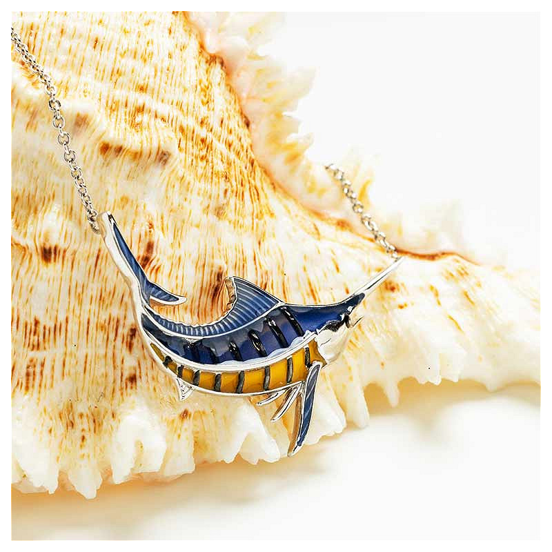 Sterling Silver Blue/Yellow Enamel Marlin Fish Necklace