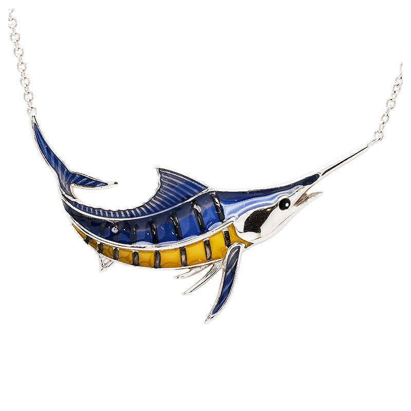 Sterling Silver Blue/Yellow Enamel Marlin Fish Necklace
