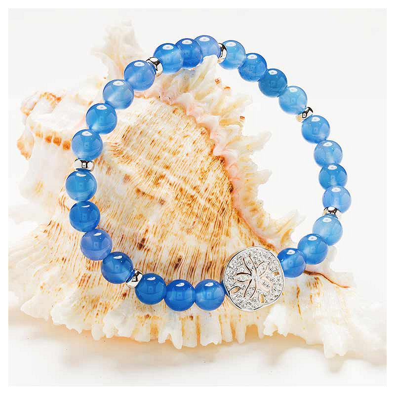 Sterling Silver Sand Dollar Blue Agate Stretchy Bracelet