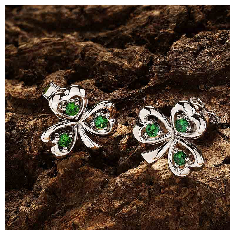 Sterling Silver Cz Emerald Stud Shamrock Earrings