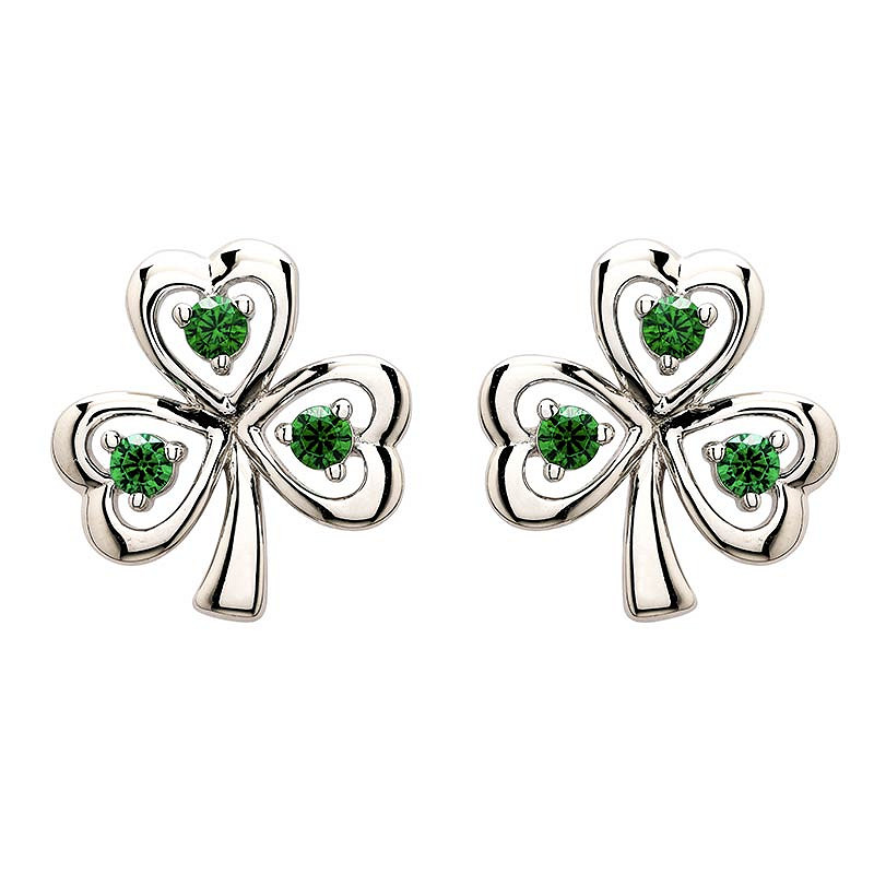 Sterling Silver Cz Emerald Stud Shamrock Earrings