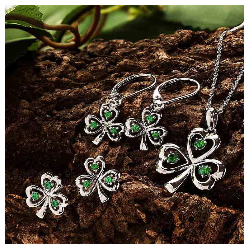 Sterling Silver Cz Emerald Drop Shamrock Earrings