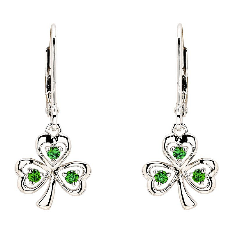 Sterling Silver Cz Emerald Drop Shamrock Earrings