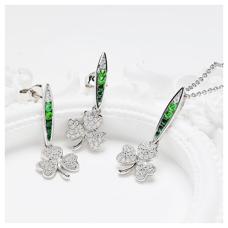 Sterling Silver Green/white CZ Shamrock Earrings