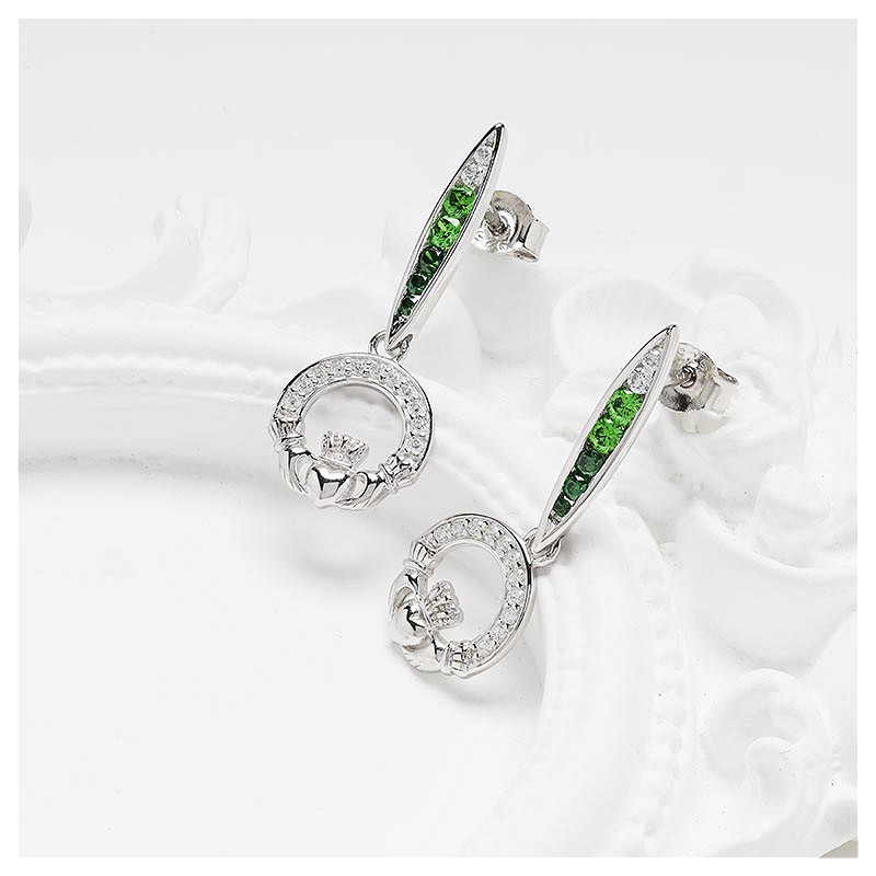Sterling Silver Green/white CZ Claddagh Earrings