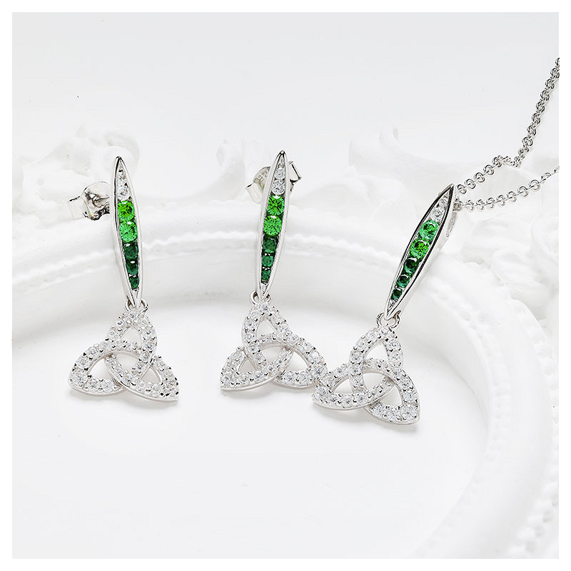 Sterling Silver Green/white CZ Trinity Earrings