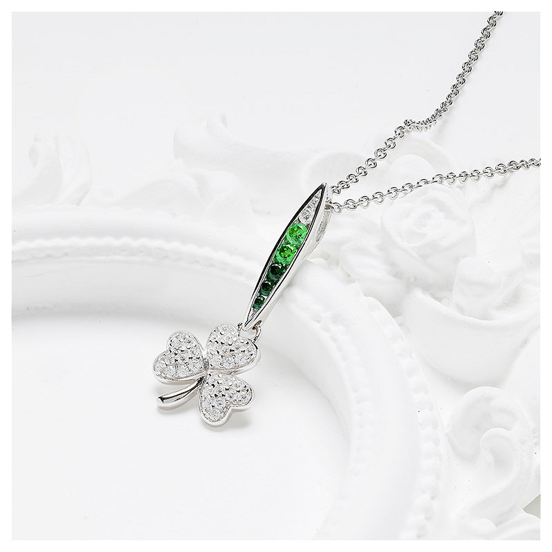Sterling Silver Green/white CZ Shamrock Necklace