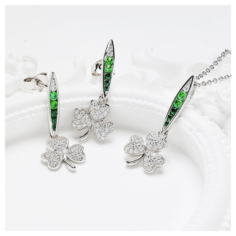 Sterling Silver Green/white CZ Shamrock Necklace