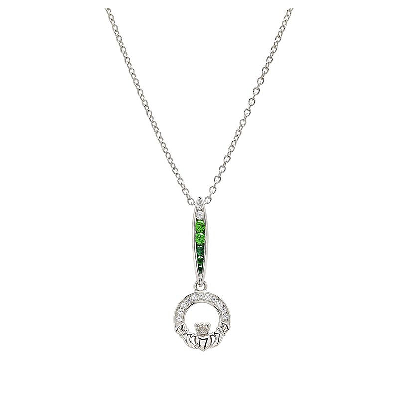Sterling Silver Green/white CZ Claddagh Necklace