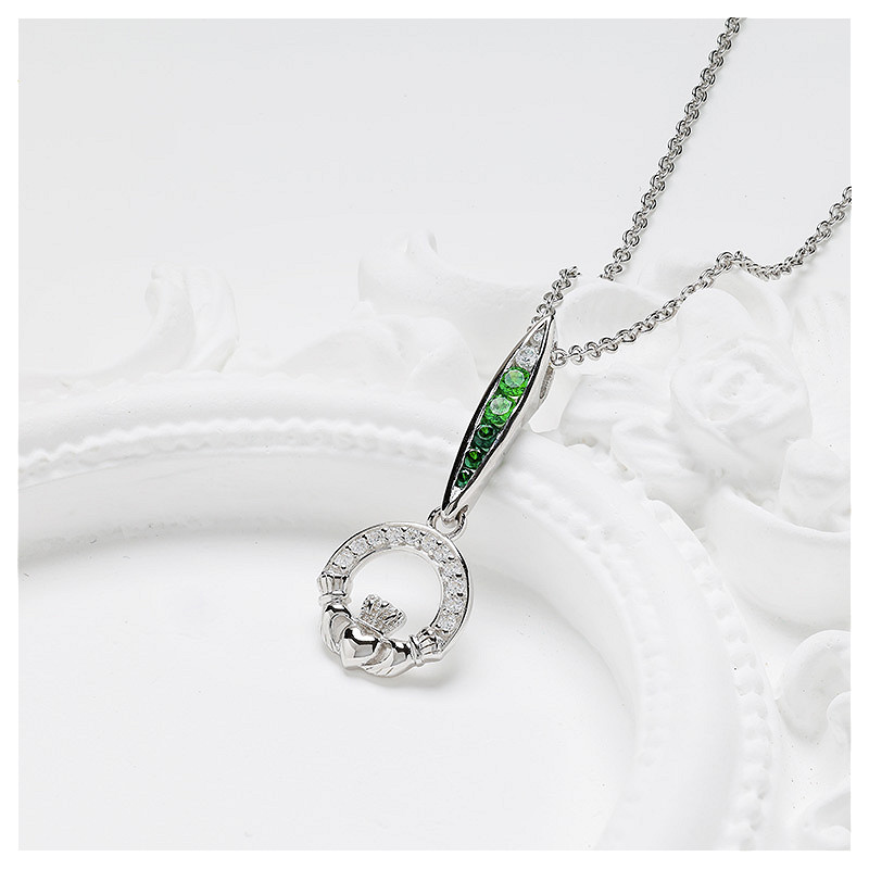 Sterling Silver Green/white CZ Claddagh Necklace