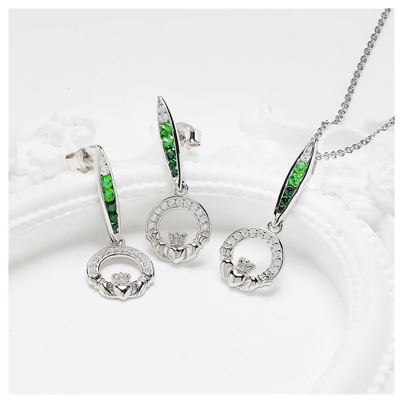Sterling Silver Green/white CZ Claddagh Necklace