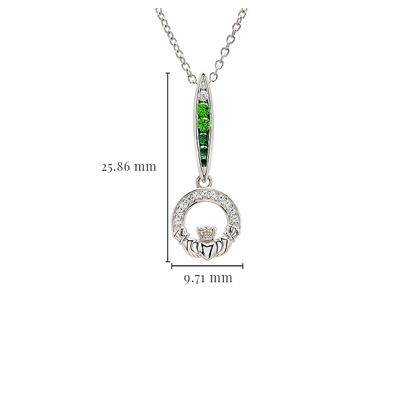 Sterling Silver Green/white CZ Claddagh Necklace