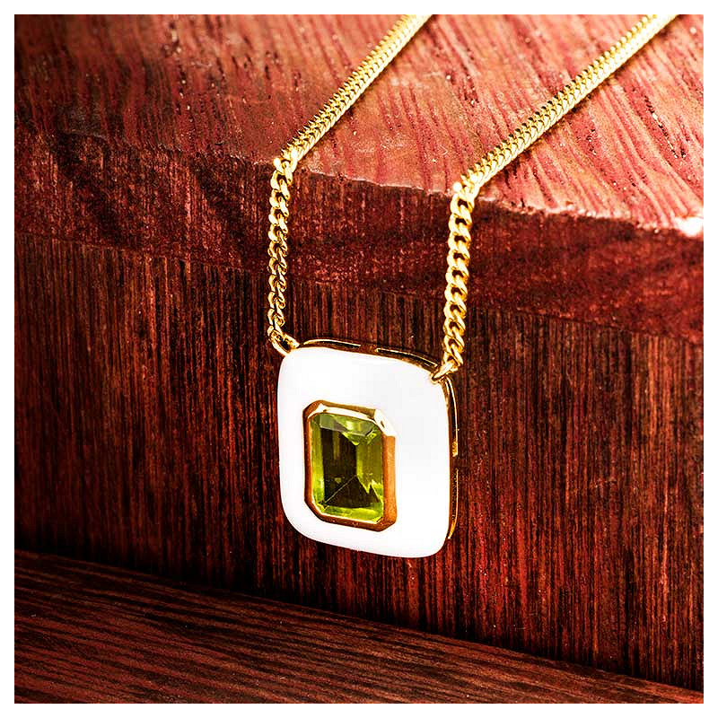 14kt Gold Vermeil Genuine Peridot and White Enamel Necklace