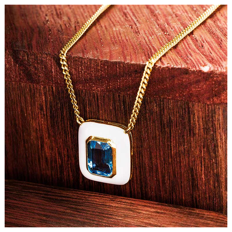 14kt Gold Vermeil Genuine Blue Topaz White Enamel Necklace