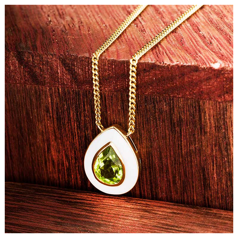 14kt Gold Vermeil Genuine Peridot and White Enamel Necklace