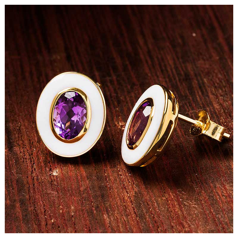 14kt Gold Vermeil Amythest and White Enamel Stud Earrings