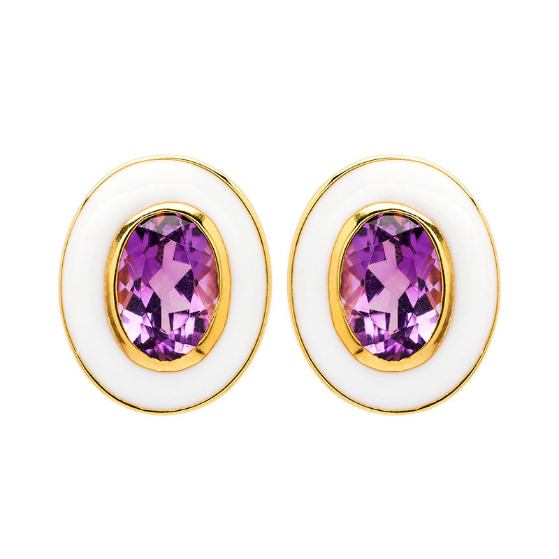 14kt Gold Vermeil Amythest and White Enamel Stud Earrings