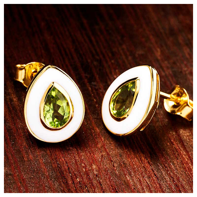 14kt Gold Vermeil Peridot and White Enamel stud Earrings