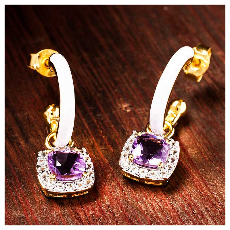 14kt Gold Vermeil Amythest and White Enamel Drop Earrings