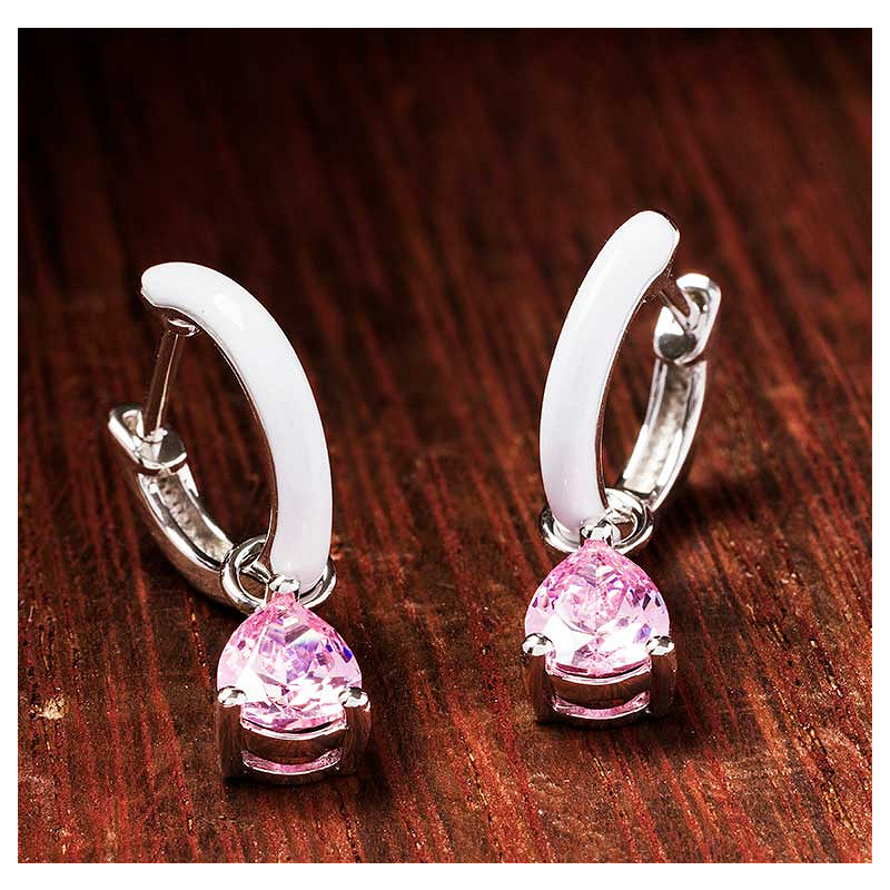 Sterling Silver Pink CZ with White Enamel Drop Earrings