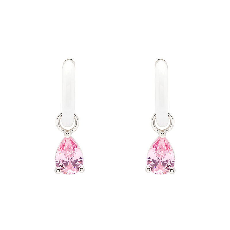 Sterling Silver Pink CZ with White Enamel Drop Earrings