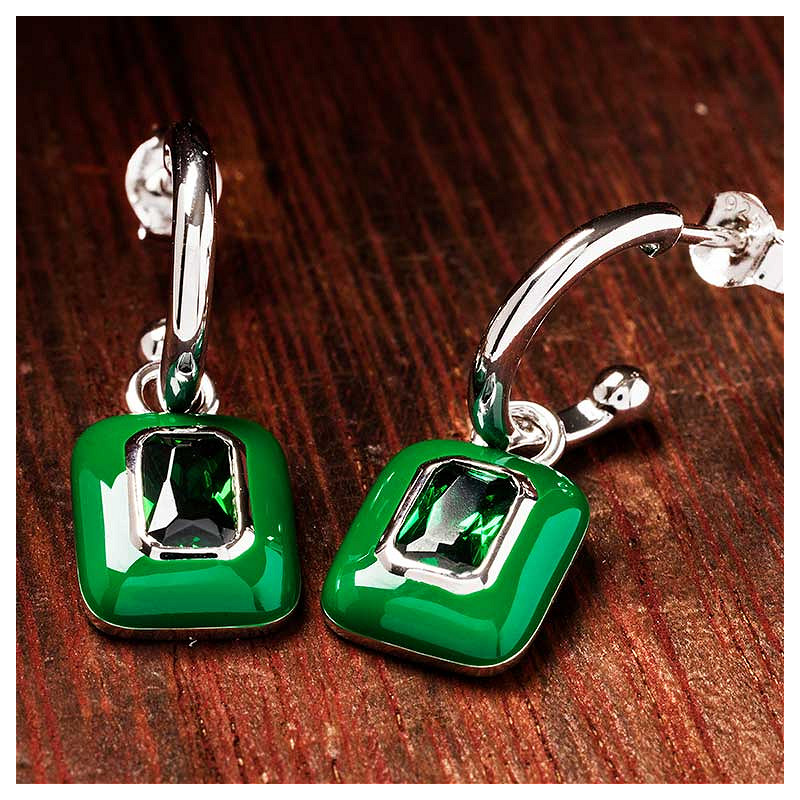 Sterling Silver Green CZ white Green Enamel Drop Earrings