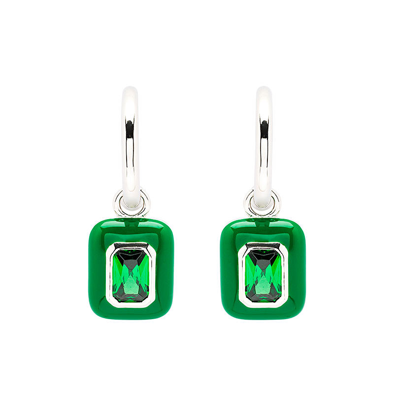 Sterling Silver Green CZ white Green Enamel Drop Earrings