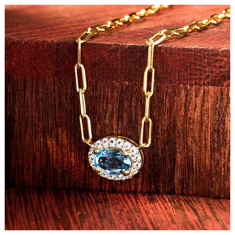 14kt Gold Vermeil Genuine Blue Topaz Halo Necklace