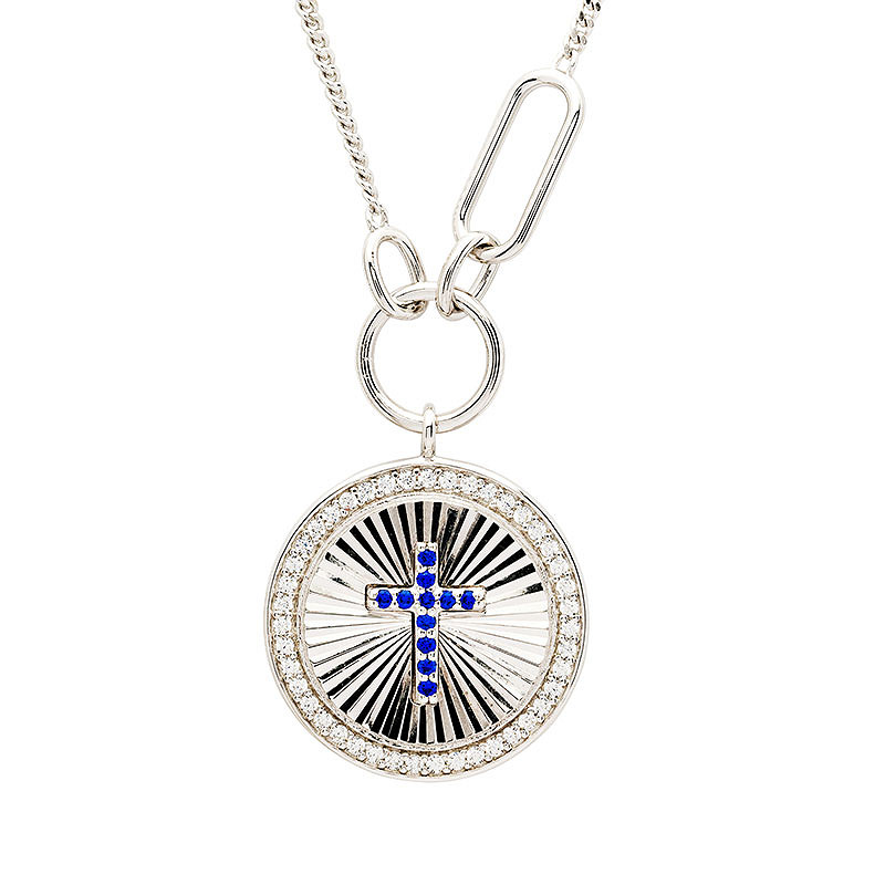 Sterling Silver Cross Sapphire CZ Necklace