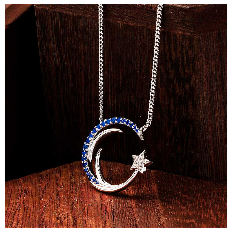 Sterling Silver Moon and Star with Sapphire CZ Necklace