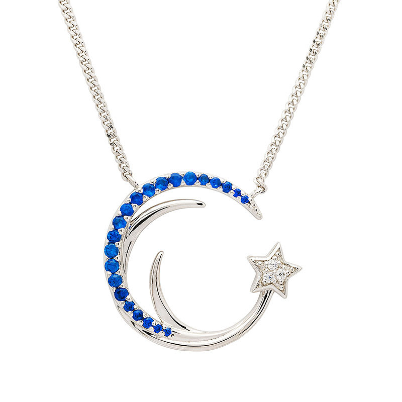 Sterling Silver Moon and Star with Sapphire CZ Necklace