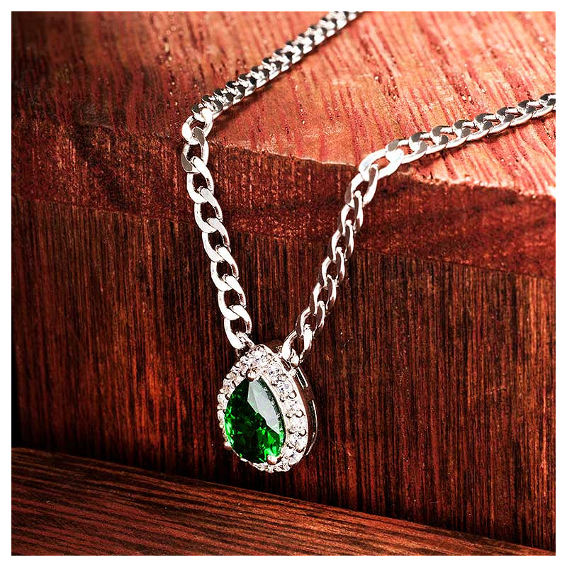 Sterling Silver Emerald CZ Halo Necklace