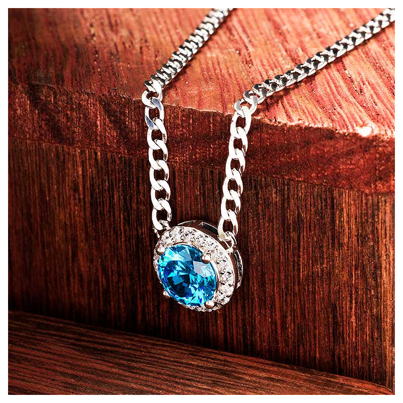 Sterling Silver Aquamarine CZ Halo Necklace
