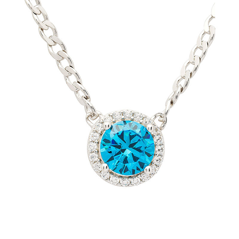 Sterling Silver Aquamarine CZ Halo Necklace