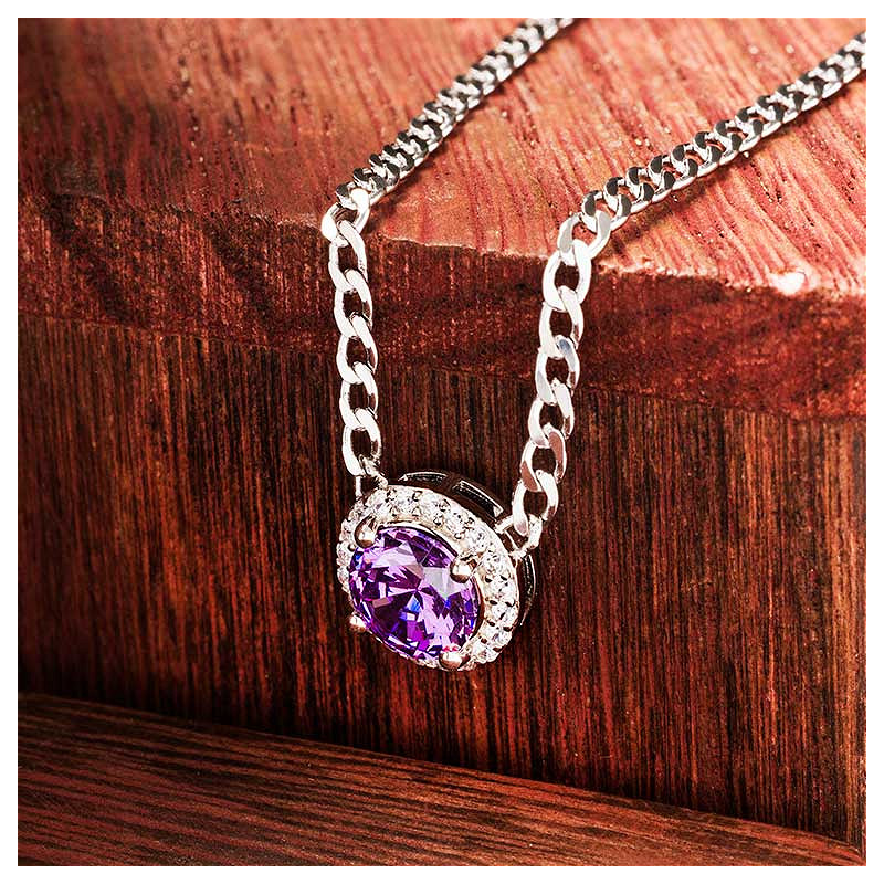 Sterling Silver Amythest CZ Halo Necklace