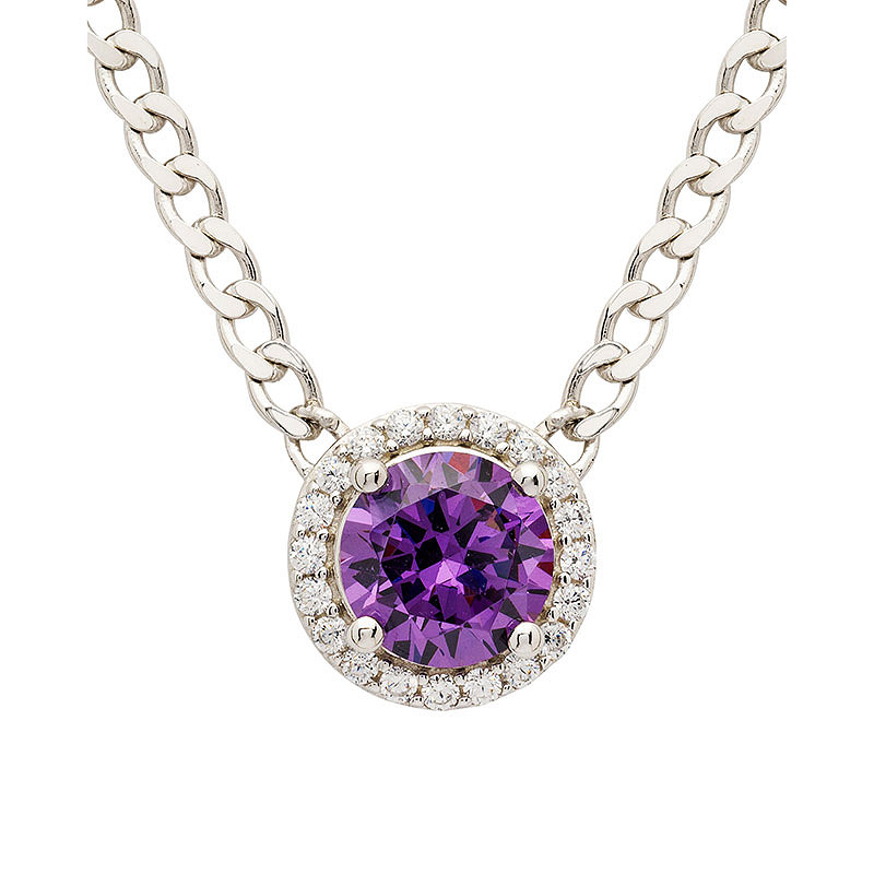 Sterling Silver Amythest CZ Halo Necklace