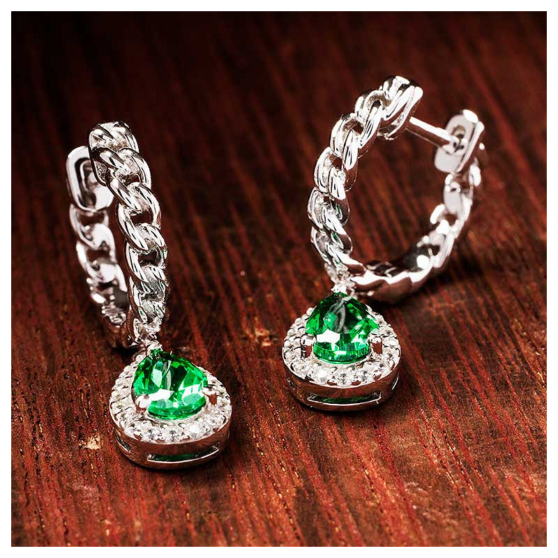 Sterling Silver Emerald CZ Halo Drop Earrings
