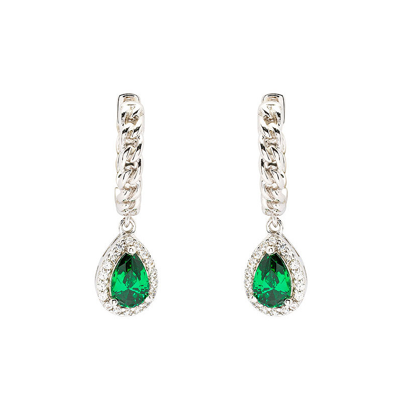 Sterling Silver Emerald CZ Halo Drop Earrings