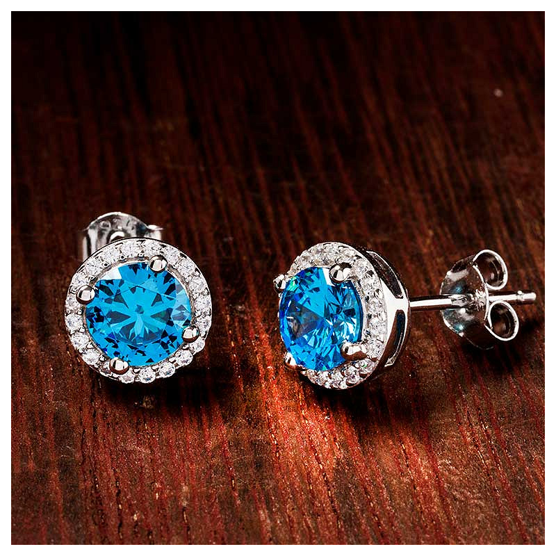 Sterling Silver Aquamarine CZ Halo Earrings