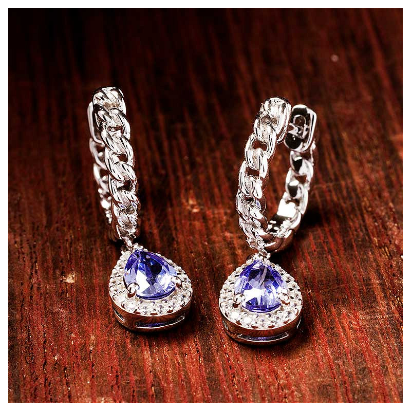 Sterling Silver Tanzanite CZ Halo Drop Earrings