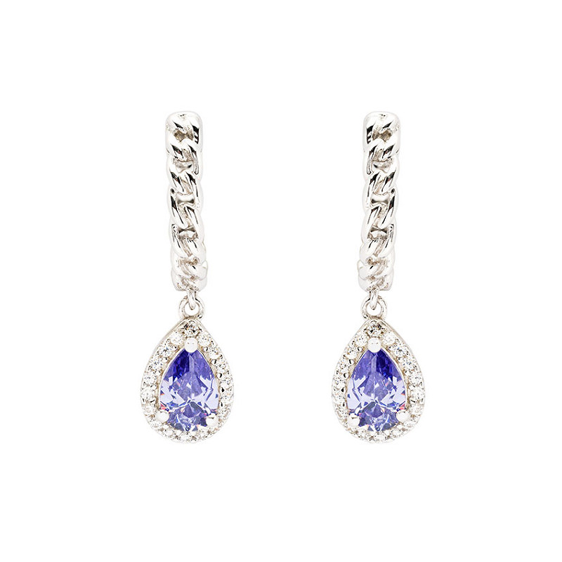 Sterling Silver Tanzanite CZ Halo Drop Earrings