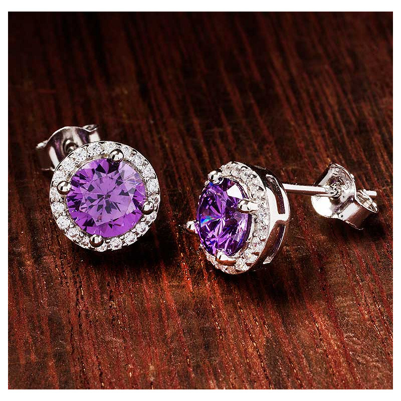 Sterling Silver Amythest CZ Halo Earrings