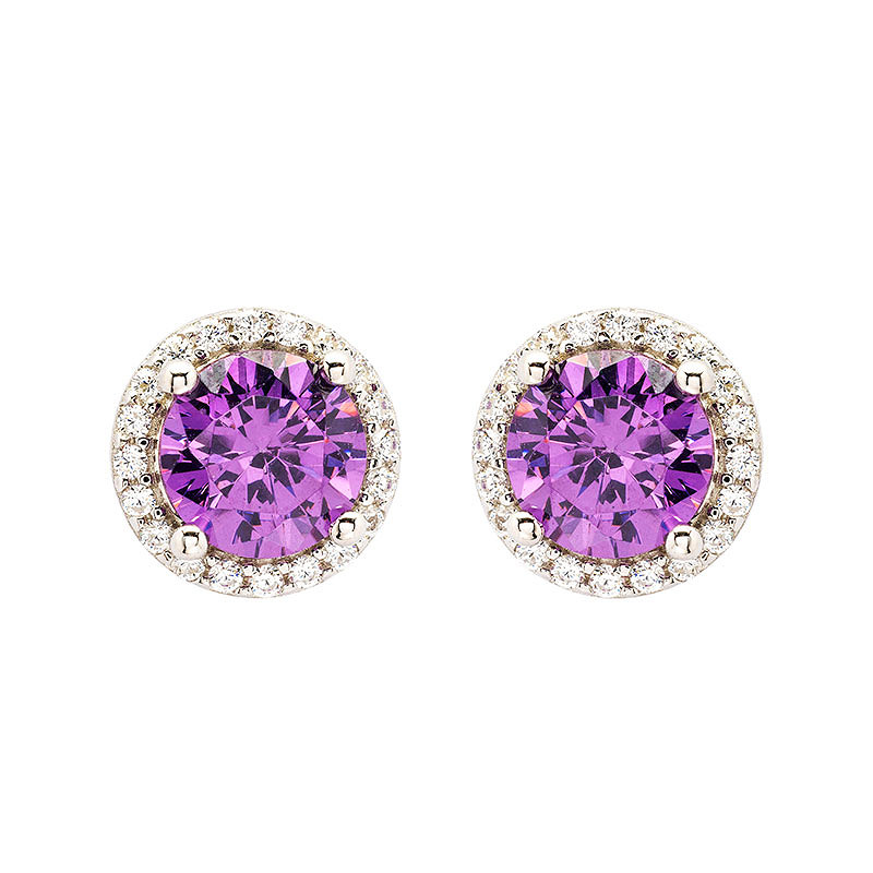Sterling Silver Amythest CZ Halo Earrings