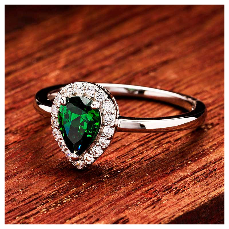 Sterling Silver Emerald CZ Halo Ring