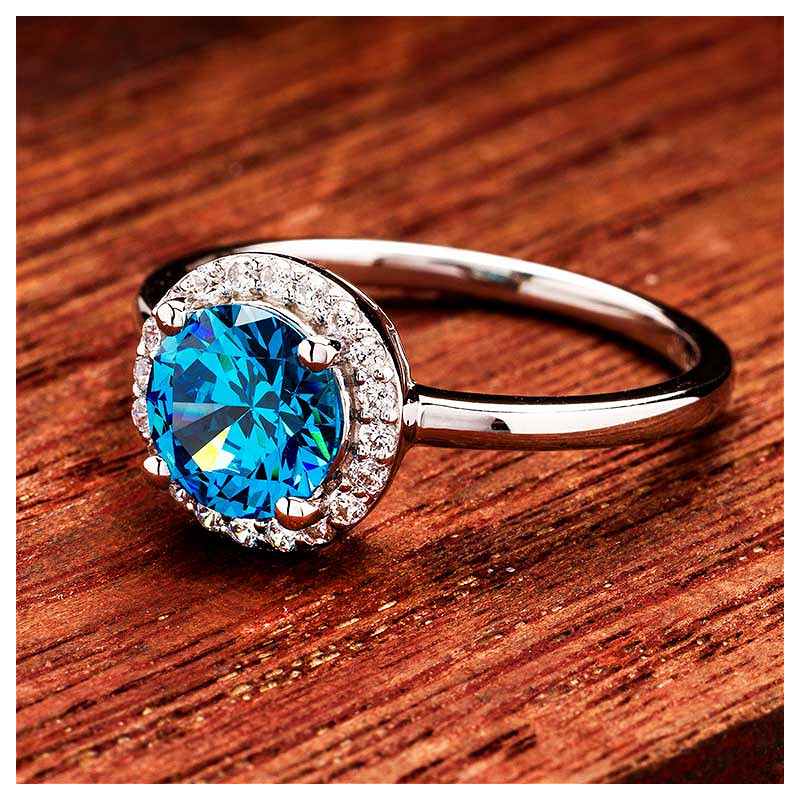 Sterling Silver Aquamarine CZ Halo Ring