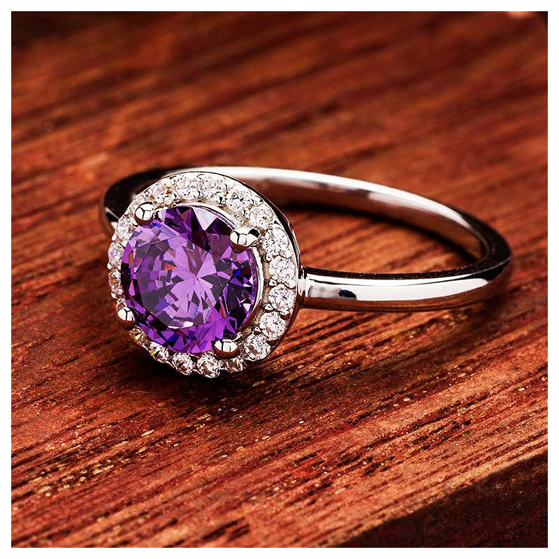 Sterling Silver Amythest CZ Halo Ring