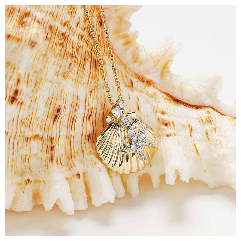 14kt Gold Lab Diamond set Shell Necklace