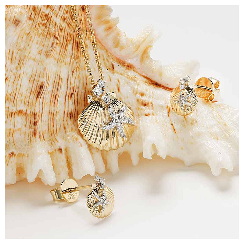 14kt Gold Lab Diamond set Shell Necklace