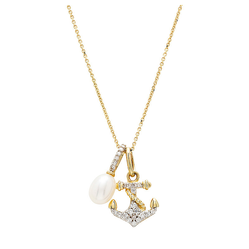 14kt Gold Lab Diamond/Freshwater Pearl Anchor Necklace